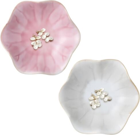 2Pcs Jewelry Dish - Kiln-Changed Ceramic Lotus Leaf Shape Ring Dish, Small Trinket Trays for Jewelry, Rings, Keys, Decorative Dish for Home, Perfect Gifts for Mom, Friends, Sisters, White & Pink in Saudi Arabia