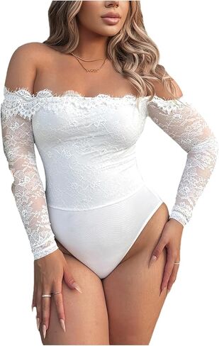 WDIRARA Women's Off Shoulder Floral Lace Bodysuit Mesh Long Sleeve Leotard Top in Kuwait