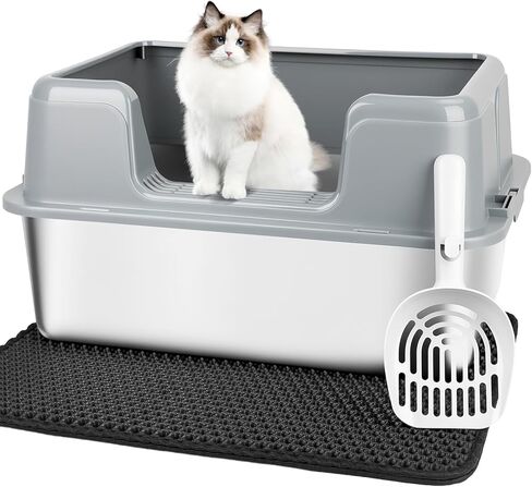 Vivifying Stainless Steel Cat Litter Box, Large Semi-Enclosed Litter Box with Lid, Non-Stick and Anti-Leakage Metal Litter Pan for Easy Cleaning & Odor Control (Gray) in Kuwait