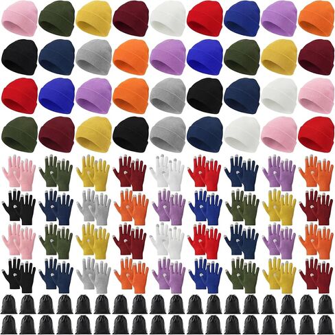 108 Pcs Winter Beanie Touchscreen Gloves Bulk Multicolor Warm Knitted Hats Gloves Gift Bags for Homeless Care Supplies in Saudi Arabia