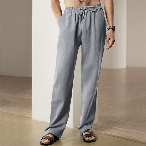 Men's Linen Casual Loose Fit Pants Elastic Waist Lightweight with Pockets in Saudi Arabia