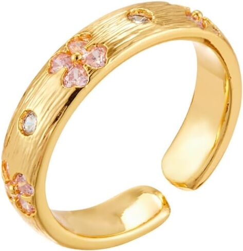 Kokoma Pink Crystal Cherry Blossom Ring Gold Plated Open Band Cubic Zirconia Statement Ring Wedding Promise Rings Fashion Jewelry for Women in Saudi Arabia