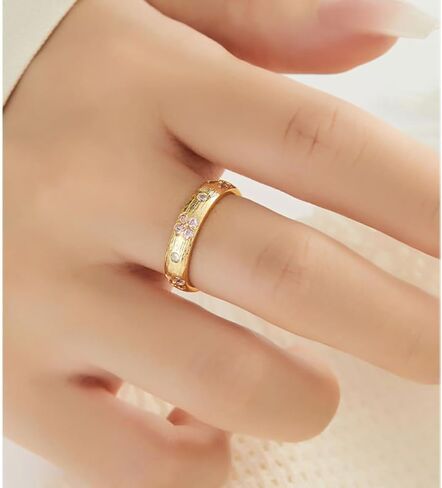 Kokoma Pink Crystal Cherry Blossom Ring Gold Plated Open Band Cubic Zirconia Statement Ring Wedding Promise Rings Fashion Jewelry for Women in Saudi Arabia