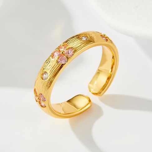 Kokoma Pink Crystal Cherry Blossom Ring Gold Plated Open Band Cubic Zirconia Statement Ring Wedding Promise Rings Fashion Jewelry for Women in Saudi Arabia