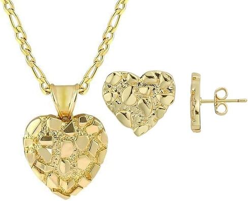 14k Solid Gold Plated Brass High-End Nugget Heart Love Vintage Cute Charm Pendant & 20" Figaro Chain Necklace & Stud Earrings Jewelry Gift For Women Men in Saudi Arabia