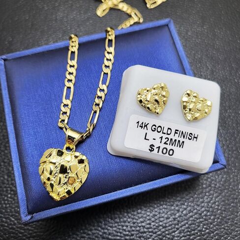 14k Solid Gold Plated Brass High-End Nugget Heart Love Vintage Cute Charm Pendant & 20" Figaro Chain Necklace & Stud Earrings Jewelry Gift For Women Men in Saudi Arabia