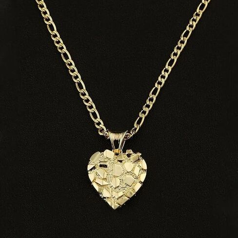 14k Solid Gold Plated Brass High-End Nugget Heart Love Vintage Cute Charm Pendant & 20" Figaro Chain Necklace & Stud Earrings Jewelry Gift For Women Men in Saudi Arabia