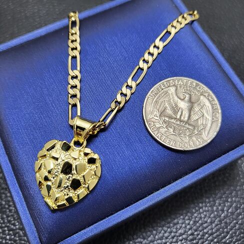 14k Solid Gold Plated Brass High-End Nugget Heart Love Vintage Cute Charm Pendant & 20" Figaro Chain Necklace & Stud Earrings Jewelry Gift For Women Men in Saudi Arabia