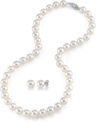 The Pearl Source Freshwater Pearl Necklace and Earrings for Women, 6.0mm - Genuine Cultured White Pearls in 14K White Gold, Hypoallergenic Jewelry - Pearl Strand Necklace & Matching Earrings in Saudi Arabia