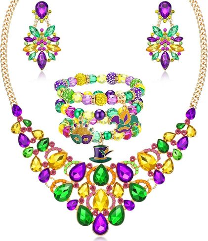 5 Pcs Mardi Gras Necklace Bracelet Earrings Jewelry Set Mardi Gras Gift Women Rhinestone Beads Purple Green Gold in Saudi Arabia