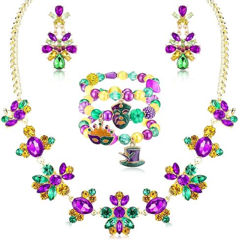 5 Pcs Mardi Gras Necklace Bracelet Earrings Jewelry Set Mardi Gras Gift Women Rhinestone Beads Purple Green Gold in Saudi Arabia