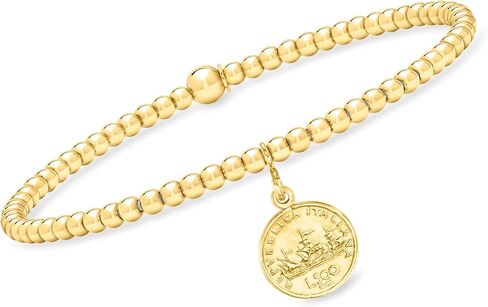 Pure Collection by Ross-Simons Italian 3mm 18kt Gold Vermeil Bead Stretch Bracelet With Replica Lira Coin Charm in Saudi Arabia