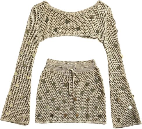 WDIRARA Women's Crochet 2 Piece Cover Up Set Sequin Hollow Out Beach Skirt Set Swimsuit Coverup in Saudi Arabia