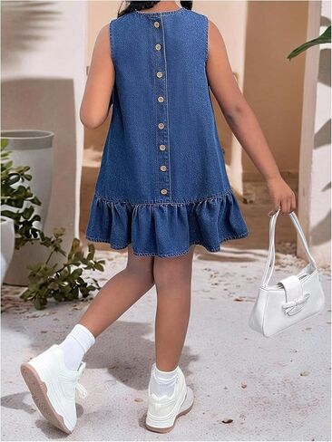 WDIRARA Girl's Ruffle Button Back Denim Dress Crew Neck Sleeveless Cute Short Tank Dresses in Saudi Arabia