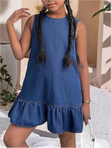WDIRARA Girl's Ruffle Button Back Denim Dress Crew Neck Sleeveless Cute Short Tank Dresses in Saudi Arabia