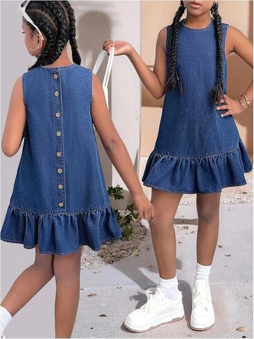WDIRARA Girl's Ruffle Button Back Denim Dress Crew Neck Sleeveless Cute Short Tank Dresses in Saudi Arabia
