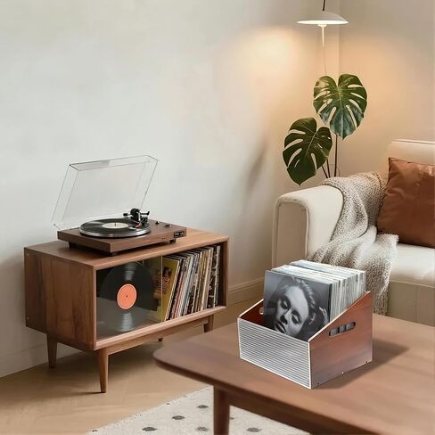 MinBoo Vinyl Record Storage Crate with Handles, Holds 60+ LP Records, 12" Acrylic & Bamboo Organizer Box for Albums, Books, Toys – Rustic Wooden Storage Box with Anti-Slip Pads，Brown in Saudi Arabia