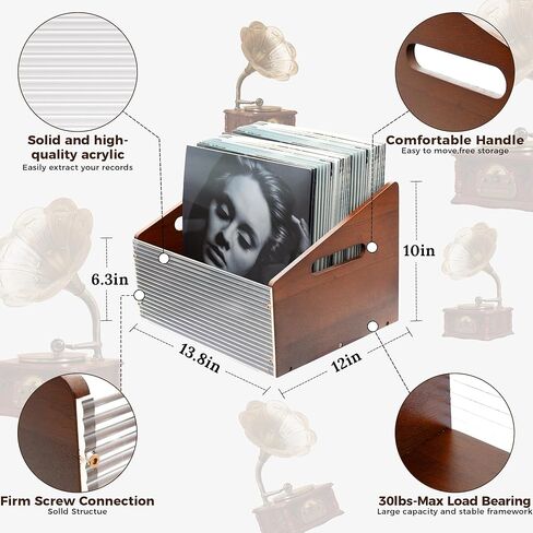 MinBoo Vinyl Record Storage Crate with Handles, Holds 60+ LP Records, 12" Acrylic & Bamboo Organizer Box for Albums, Books, Toys – Rustic Wooden Storage Box with Anti-Slip Pads，Brown in Saudi Arabia