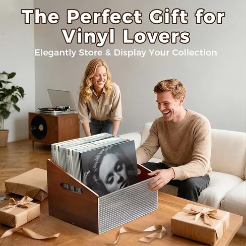 MinBoo Vinyl Record Storage Crate with Handles, Holds 60+ LP Records, 12" Acrylic & Bamboo Organizer Box for Albums, Books, Toys – Rustic Wooden Storage Box with Anti-Slip Pads，Brown in Saudi Arabia