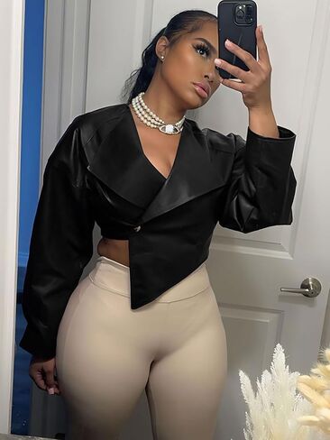 Akmipoem Faux Leather Jacket Women Cropped Asymmetrical Lapel PU Short Jacket Club Outfits in Saudi Arabia