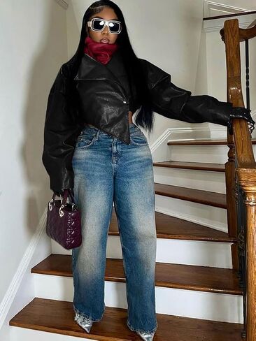 Akmipoem Faux Leather Jacket Women Cropped Asymmetrical Lapel PU Short Jacket Club Outfits in Saudi Arabia