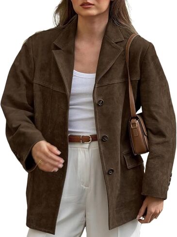 Woman Chic Brown Lapel Suede Jacket Aesthetic Y2k Pocket Long Sleeve Faux Leather Jacket Coat Outwear Streetwear in Saudi Arabia