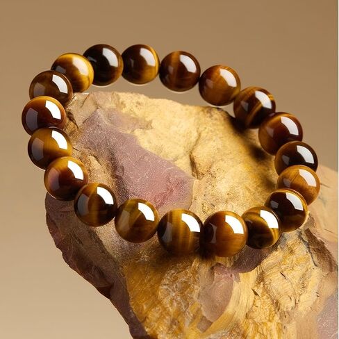 Natural Tiger Eye Stone Bracelet, 8-12mm Healing Energy Gemstone Beads, Elastic Stretch Design for Yoga and Meditation in Kuwait