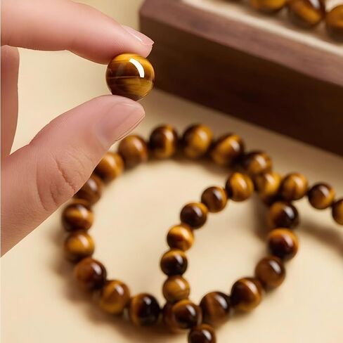 Natural Tiger Eye Stone Bracelet, 8-12mm Healing Energy Gemstone Beads, Elastic Stretch Design for Yoga and Meditation in Kuwait