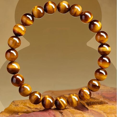 Natural Tiger Eye Stone Bracelet, 8-12mm Healing Energy Gemstone Beads, Elastic Stretch Design for Yoga and Meditation in Kuwait