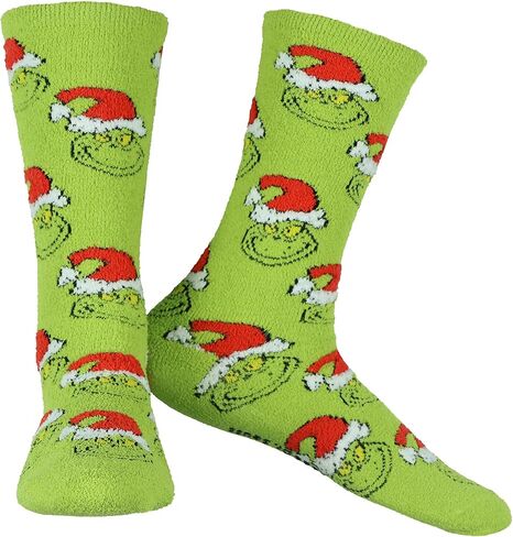 Seven Times Six Dr. Seuss Adult The Grinch Santa Hat Fuzzy Cozy Anti-Slip Crew Socks 1 Pair (OSFM) in Saudi Arabia
