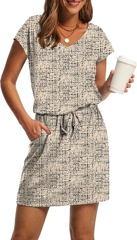 OFEEFAN Summer Dresses for Women 2026 V Neck T Shirt Casual Mini Dresses Tie Waist Sundresses with Pockets in Kuwait