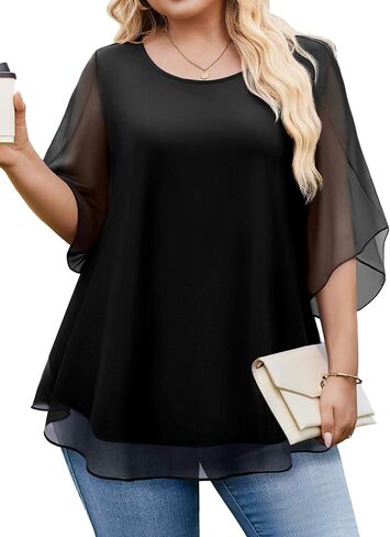 IN'VOLAND Plus Size 3/4 Sleeve Women Blouses Dressy Casual Double Layers Mesh Blouses Loose Fit Flowy Shirts in Saudi Arabia
