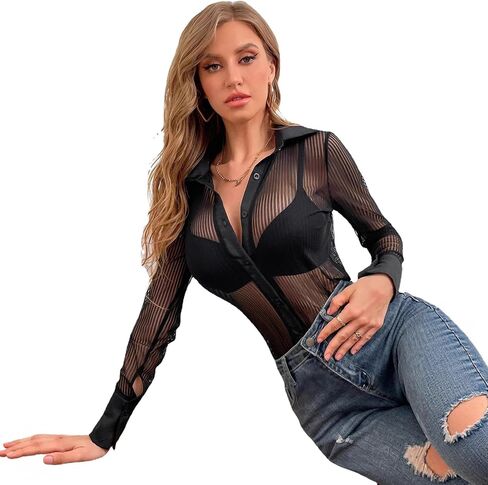 Women's Striped Sheer Button-Up Shirt Sexy Mesh Blouse Long Sleeve See-Through in Saudi Arabia