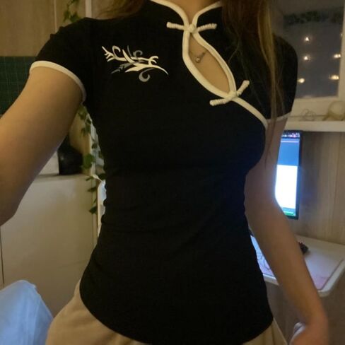 المرأة Y2K عقدة زر نفخة الأكمام تي شيرت 2000s سليم صالح قطع المحاصيل الأعلى الوقوف طوق شيونغسام بلوزة in Kuwait