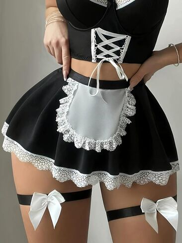 Sexy Lingerie for Women - Maid Costume Set with Contrast Lace Role Play Cosplay Outfit Seductive Boudoir Lingerie Set in Saudi Arabia