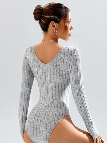 WDIRARA Women's Casual V Neck Long Sleeve Rib Knit Tee Shirt Bodysuit Leotard in Saudi Arabia