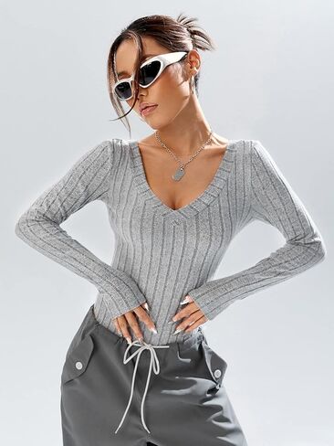 WDIRARA Women's Casual V Neck Long Sleeve Rib Knit Tee Shirt Bodysuit Leotard in Saudi Arabia