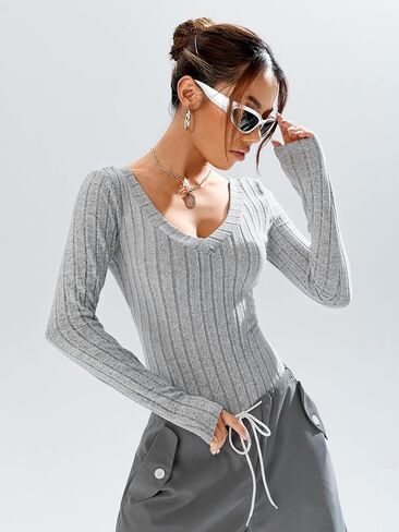 WDIRARA Women's Casual V Neck Long Sleeve Rib Knit Tee Shirt Bodysuit Leotard in Saudi Arabia