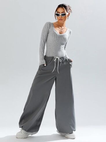 WDIRARA Women's Casual V Neck Long Sleeve Rib Knit Tee Shirt Bodysuit Leotard in Saudi Arabia