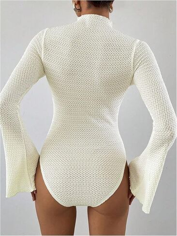 SweatyRocks Women's Mock Neck Textured Bodysuits Bell Sleeve Tee Bodysuit Leotard Top in Saudi Arabia