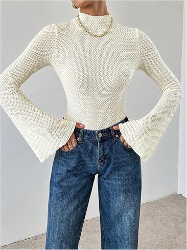 SweatyRocks Women's Mock Neck Textured Bodysuits Bell Sleeve Tee Bodysuit Leotard Top in Saudi Arabia