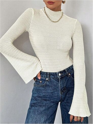 SweatyRocks Women's Mock Neck Textured Bodysuits Bell Sleeve Tee Bodysuit Leotard Top in Saudi Arabia