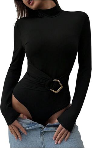 Milumia Women's Y2k Mock Turtleneck Long Sleeve Bodysuit Metal Ruched Going Out Leotard Tops in Saudi Arabia