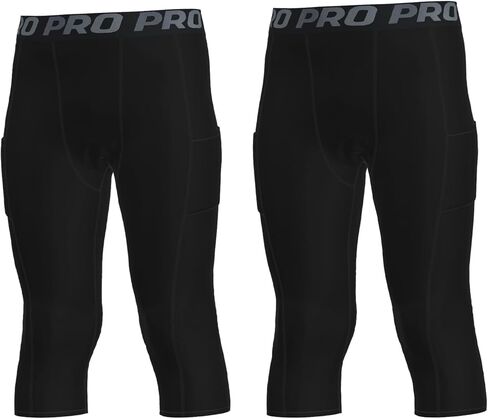 YUSHOW Boys Compression Pants 3/4 Length with Pocket Quick Dry Basketball Tights Boys Leggings for Athletic Running Sports in Saudi Arabia