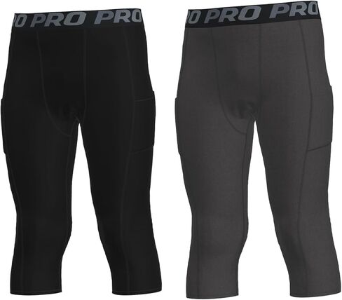 YUSHOW Boys Compression Pants 3/4 Length with Pocket Quick Dry Basketball Tights Boys Leggings for Athletic Running Sports in Saudi Arabia