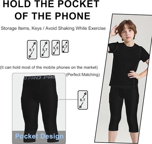 YUSHOW Boys Compression Pants 3/4 Length with Pocket Quick Dry Basketball Tights Boys Leggings for Athletic Running Sports in Saudi Arabia