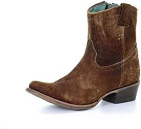 أحذية Corral Boots النسائية ذات اللون البني الداكن المصنوعة يدويًا غربية | حذاء للكاحل بمقدمة مستديرة ومزخرف بجلد الحمل وسحاب جانبي in Saudi Arabia