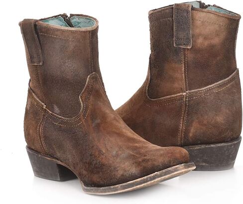 أحذية Corral Boots النسائية ذات اللون البني الداكن المصنوعة يدويًا غربية | حذاء للكاحل بمقدمة مستديرة ومزخرف بجلد الحمل وسحاب جانبي in Saudi Arabia