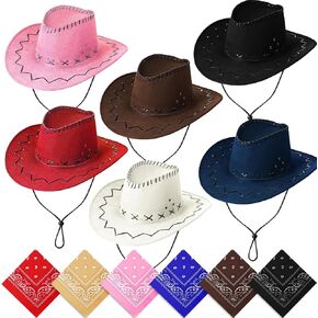 6 Pack Cowboy Hats and Bandanas Set, Halloween Cowgirl Hat, Felt Cowboy Hat Western Costume for Men Woman Hen Party Stage in Kuwait
