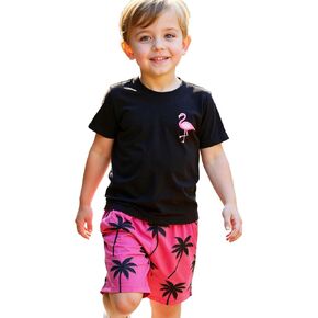 Cute Casual Outfits for Boys, Black Short Sleeve T-Shirt and Hawaiian Shorts Boys' Flamingo Print Clothing Sets in Kuwait